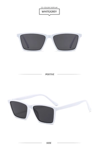 Detail view of white square frame sunglasses with grey lenses in front and side angles