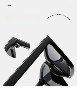 Detail of durable metal hinges on black square sunglasses with high-quality screws
