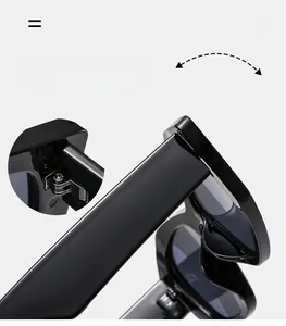 Close-up of durable metal hinge on black square sunglasses with reinforced structure