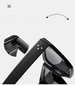 Détail des charnières métalliques et rivets argentés sur lunettes de soleil carrées noires