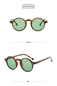 Retro round leopard frame sunglasses with green lenses shown from front and side view