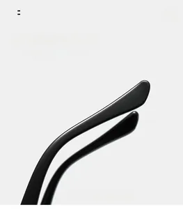 Detail of curved mirror legs on black square sunglasses for ergonomic comfort wear