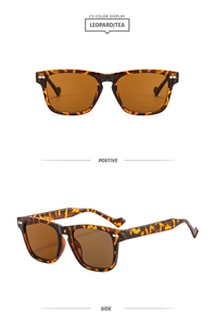 Detail view of leopard print square sunglasses with tea lenses and metal rivets