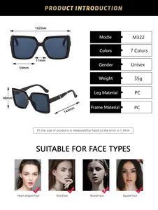 Detailed size specifications for square frame sunglasses including lens width and leg length