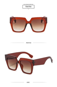 Vue détaillée de face et de côté de lunettes de soleil carrées dégradées de couleur thé