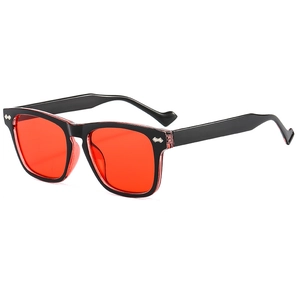 Fashion square sunglasses with black frame, red lenses and silver rivet decorations