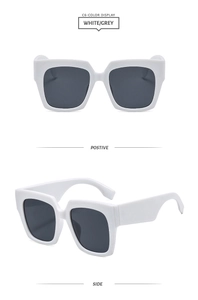 Détail de lunettes de soleil carrées blanches avec verres gris, vues de face et de profil