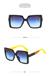 Front and side views of chunky square sunglasses with blue gradient lenses and yellow arms