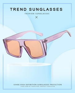 Detail of square purple resin sunglasses frame with orange lenses and UV400 protection