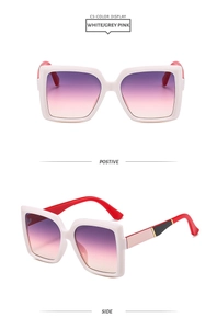 Dual view of white square sunglasses with purple gradient lenses and red side temples