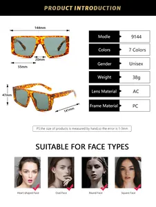 Detailed size chart for square frame sunglasses with frame and lens measurements