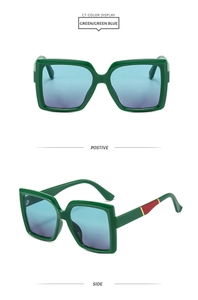 Detail view of square green glossy sunglasses with blue-purple gradient lenses and stripes