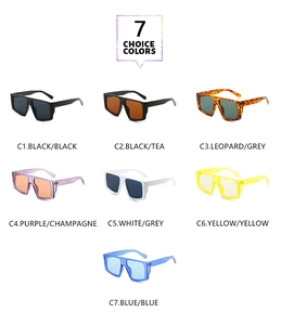 Detail view of square sunglasses showing 7 available frame colors in a grid arrangement