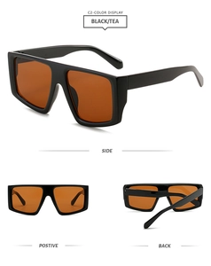 Detailed views of square black frames and tea lenses on fashion sunglasses from multiple angles