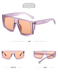 Three-view layout of purple square sunglasses with champagne lenses in detail