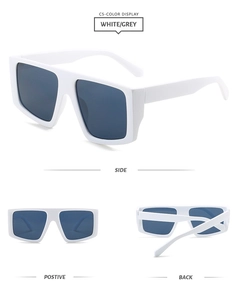 Three-angle views of white square frame sunglasses with dark grey lenses and flat top