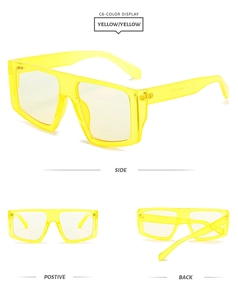 Multi-angle views of retro square yellow translucent sunglasses with integrated frames