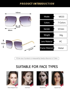 Detailed size specifications and face shape guide for oversized gradient purple sunglasses