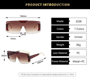 Detailed size chart for rimless oversized sunglasses with frame dimensions and specs