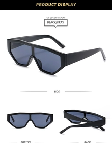 Detailed views of geometric sports sunglasses in black frame with gray UV400 lenses