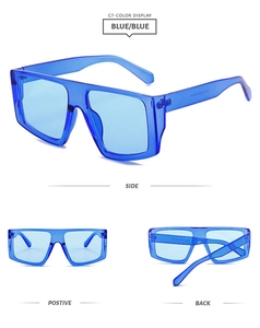 Detailed views of vintage square sunglasses with transparent blue frame and lenses