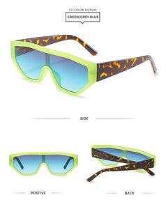 Three-view display of green translucent sunglasses with leopard print temples and blue lenses
