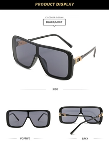 Three-angle view of oversized square sunglasses featuring gold metal hinge accents
