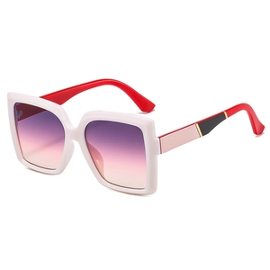 Fashionable oversized square white sunglasses with red temples and gradient pink lenses