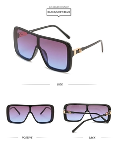 Detailed multi-angle views of oversized black gradient lens sunglasses with gold hardware