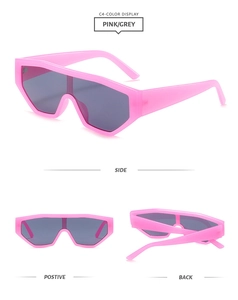 Multi-angle views of pink one-piece oversized sports sunglasses with grey lenses and UV400