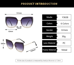 Dimensioni dettagliate degli occhiali da sole cat-eye con montatura in metallo glitterato