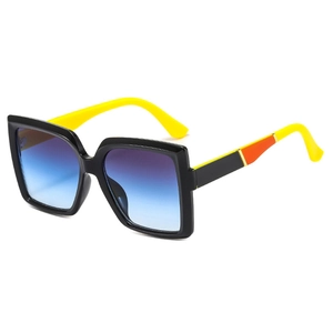 Square oversized sunglasses with black frame, yellow arms and gradient purple lenses