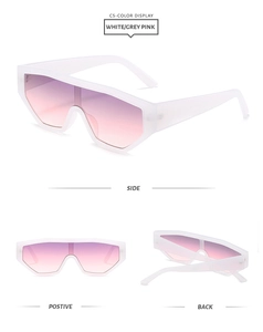 Detail view of white geometric sunglasses with purple pink gradient lenses and side profile