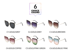 Catalogo dettagliato con sei occhiali da sole cat-eye con montature in metallo glitterato