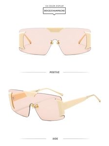Oversized beige shield sunglasses with champagne lenses in front and side views