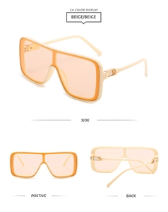 Detailed views of oversized beige sunglasses with light orange lenses and gold accents