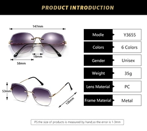 Detailed technical specifications and dimensions for Y3655 rimless purple sunglasses