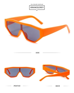 Three-angle view of orange geometric sports sunglasses with grey UV400 protective lenses