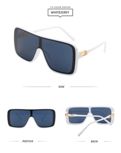 Three-angle view of white oversized sunglasses with gold metal accents and blue-grey lenses
