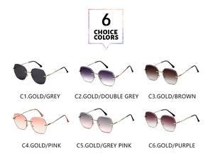Showcase of six vintage irregular metal sunglasses in various lens colors with gold frames