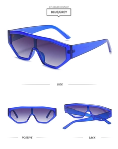 Three views of blue frame one-piece sports sunglasses with gradient grey UV400 lenses