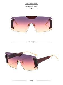 Front and side views of oversized rimless sunglasses with red purple yellow gradient lenses
