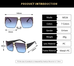 Detailed technical specifications and dimensions of the thick-frame polygon sunglasses