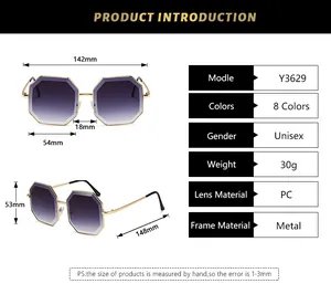 Size guide for oversized irregular rimless sunglasses with metal frame and PC lenses