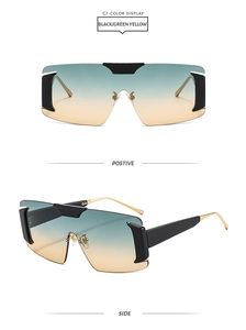 Detail view showing front and side of oversized rimless sunglasses with gradient lenses