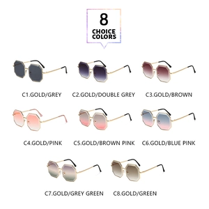 Detail view of octagon metal sunglasses showing multiple lens color options and gold frames