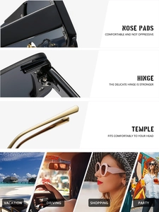 Detail of integrated nose pads and reinforced hinges on oversized black square sunglasses