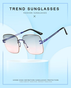 Detail of square gradient sunglasses with purple metal frame and UV400 protection