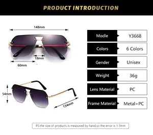 Detailed size chart for rimless sunglasses showing 148mm width and gradient PC lenses