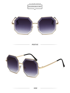 Detail view of octagon metal sunglasses with gold frame and gradient purple grey lenses